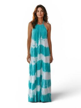 Elan Teal and White Halter Maxi Dress